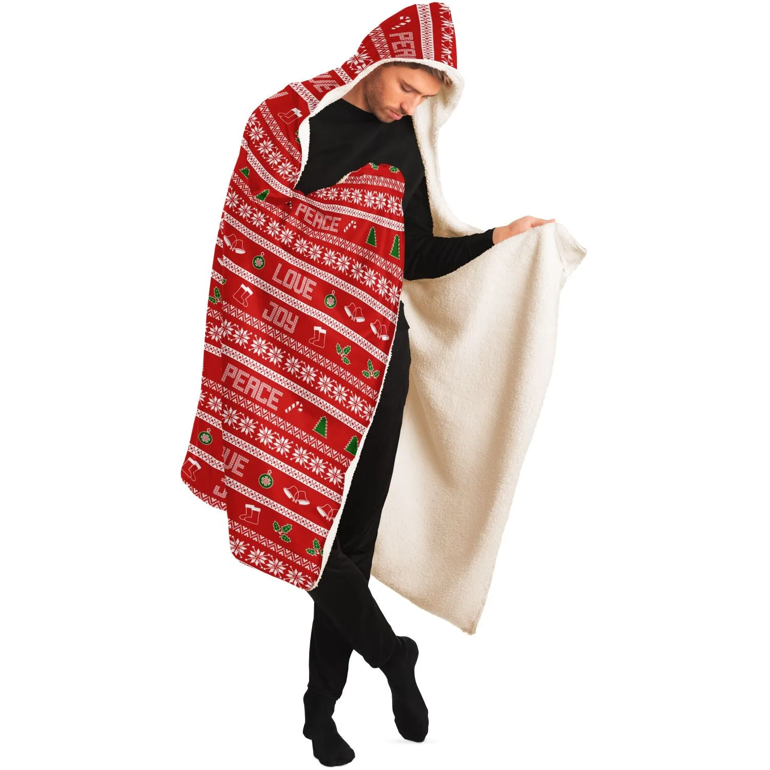 65 MCMLXV Unisex Peace Love Joy Red Christmas Print Hooded Blanket