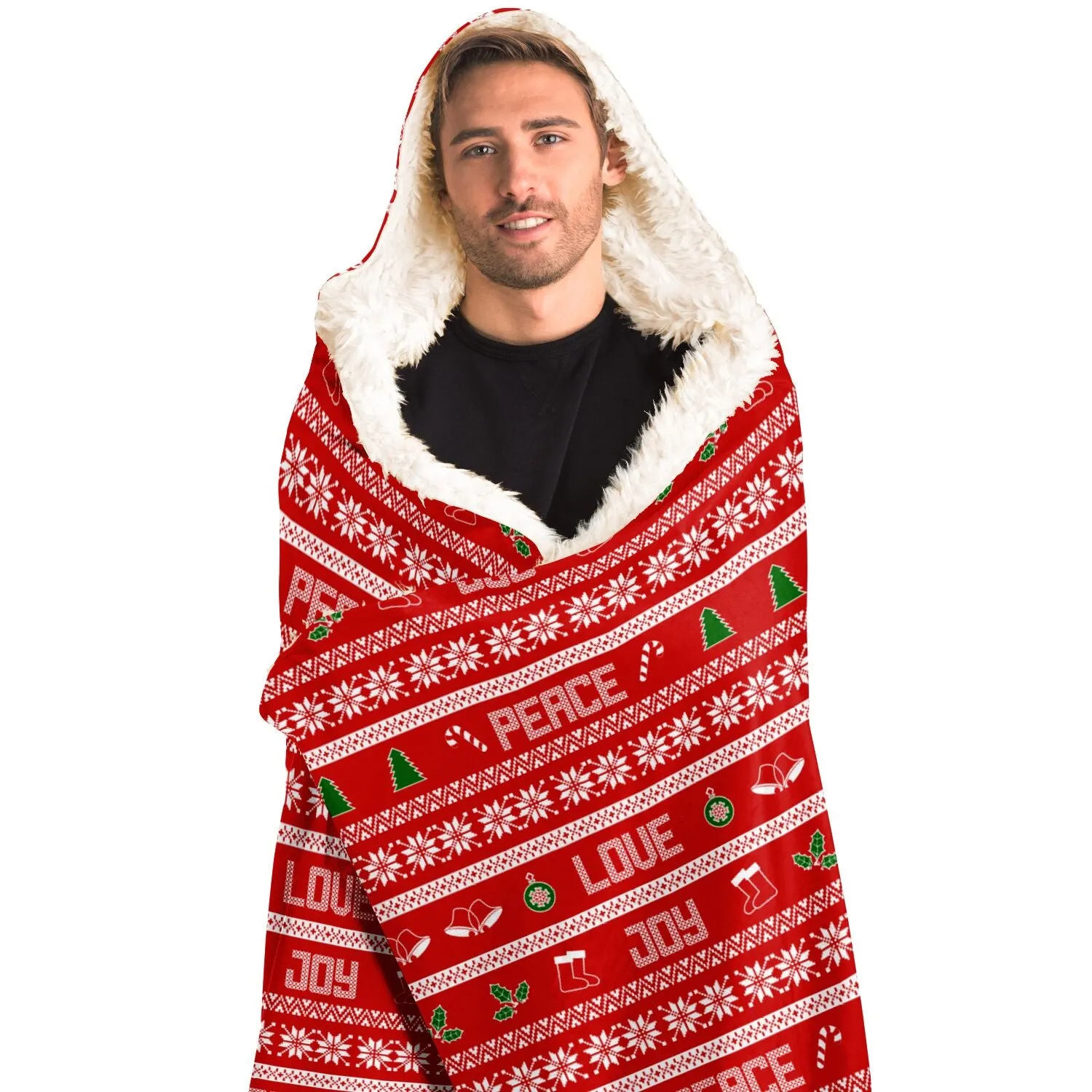 65 MCMLXV Unisex Peace Love Joy Red Christmas Print Hooded Blanket