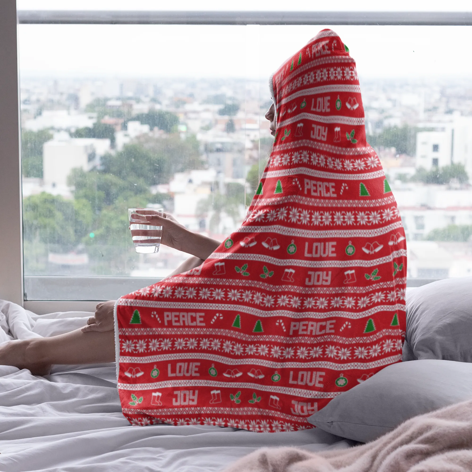 65 MCMLXV Unisex Peace Love Joy Red Christmas Print Hooded Blanket