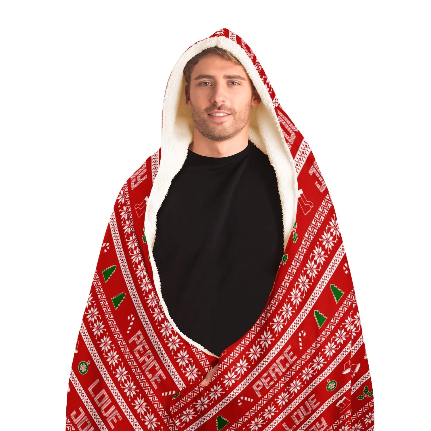 65 MCMLXV Unisex Peace Love Joy Red Christmas Print Hooded Blanket