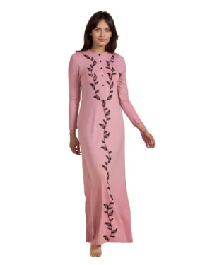 811-PK Pink Leaf Print Button Down Cotton Nightgown