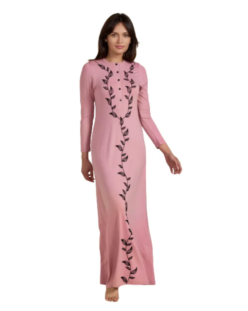 811-PK Pink Leaf Print Button Down Cotton Nightgown