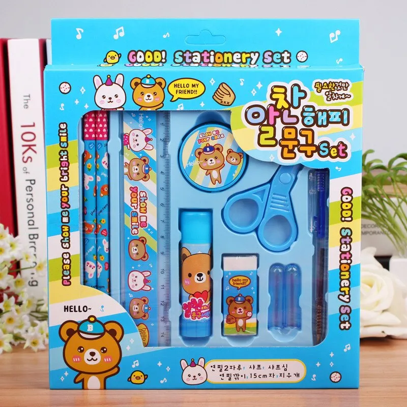 9PCS Kawaii Stationery Set Pencil Scissors Eraser Pen Glue Ruler Stationery Set