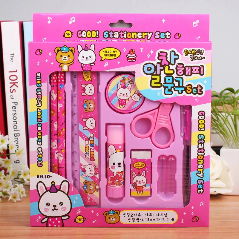 9PCS Kawaii Stationery Set Pencil Scissors Eraser Pen Glue Ruler Stationery Set