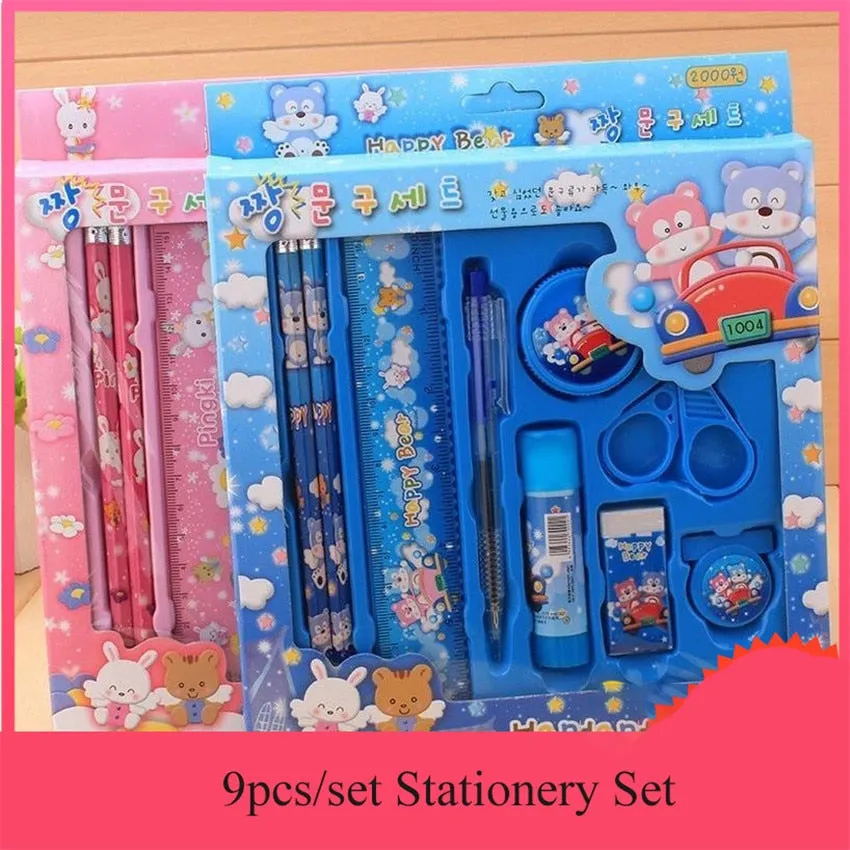 9PCS Kawaii Stationery Set Pencil Scissors Eraser Pen Glue Ruler Stationery Set