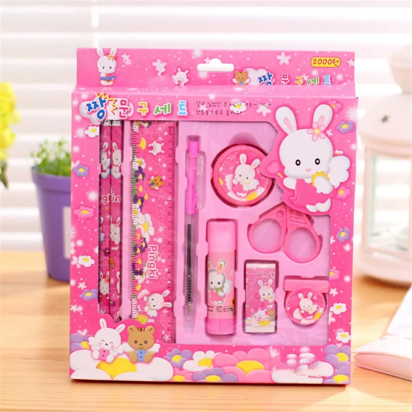 9PCS Kawaii Stationery Set Pencil Scissors Eraser Pen Glue Ruler Stationery Set