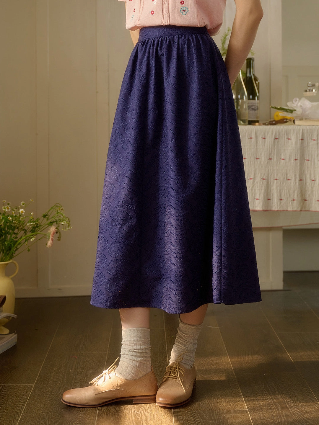 ??Final Sale??Skylar A-Line Embroidery Cotton Skirt Fitted waist Comfy Look