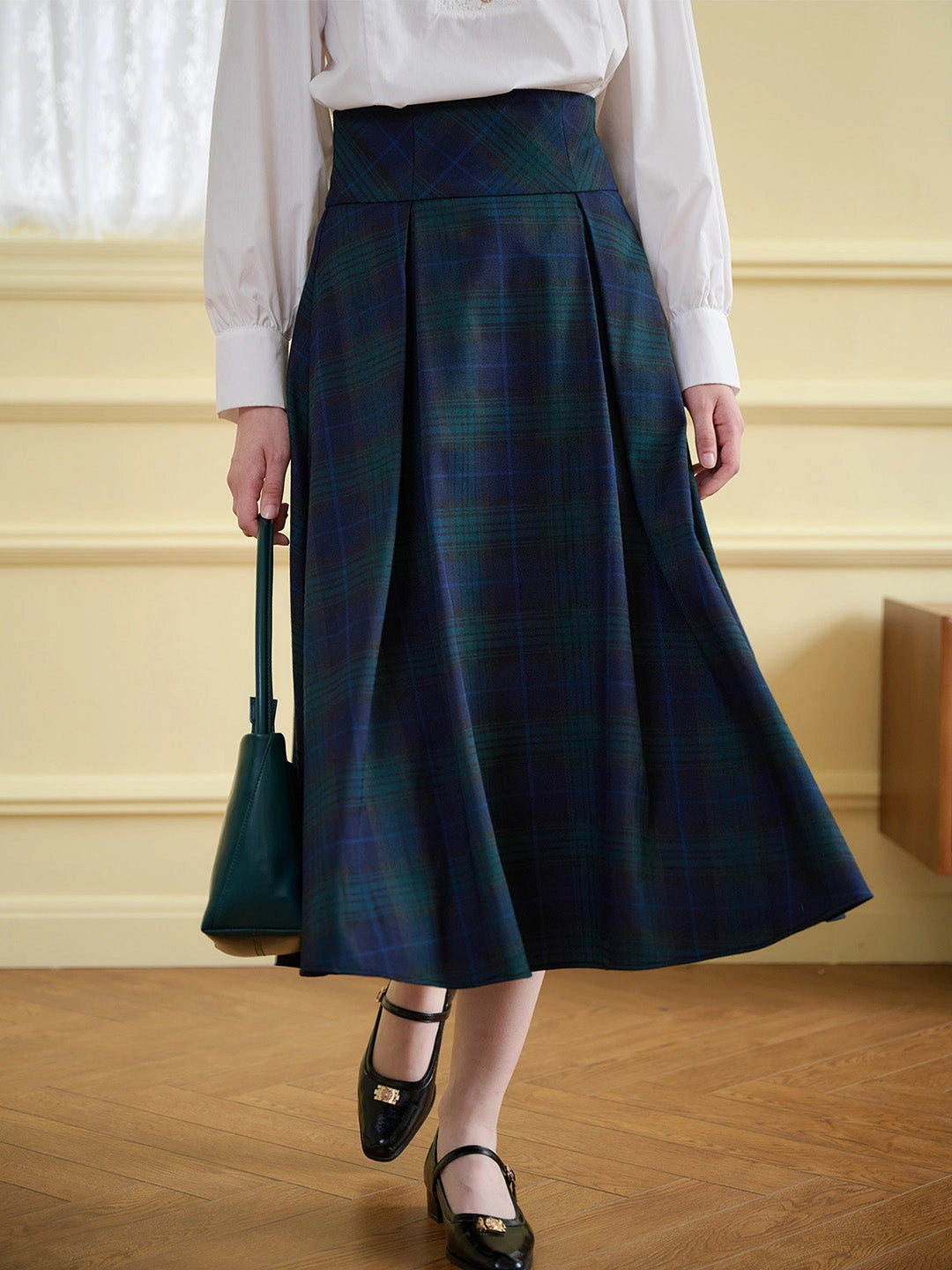 No Gap Waistband ??Final Sale??Vivian Plaid Print Fold Pleated Detail Skirt