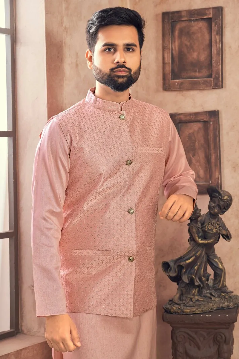 Aastha Fashion Men's Peach Banglori Silk Kurta Pajama with Embroidery Sequence Work Koti