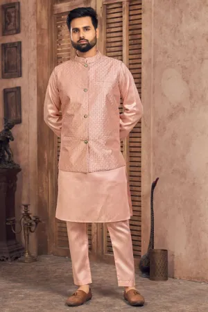 Aastha Fashion Men's Peach Banglori Silk Kurta Pajama with Embroidery Sequence Work Koti