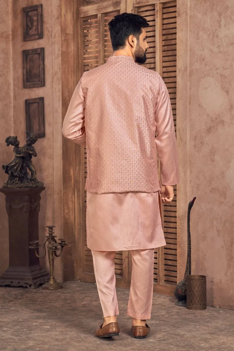 Aastha Fashion Men's Peach Banglori Silk Kurta Pajama with Embroidery Sequence Work Koti