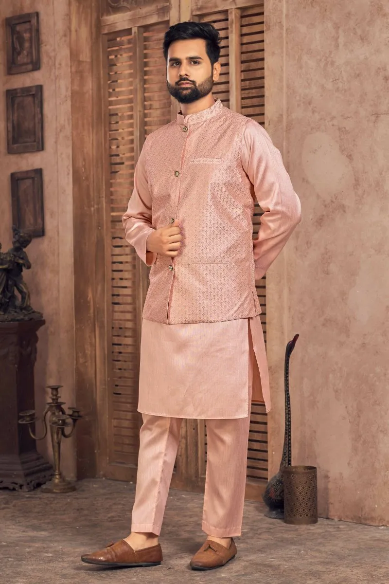 Aastha Fashion Men's Peach Banglori Silk Kurta Pajama with Embroidery Sequence Work Koti