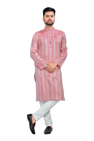 Aastha Fashion Men's Pink Jacquard Silk Sequence Work Party Wear Kurta with Pajama