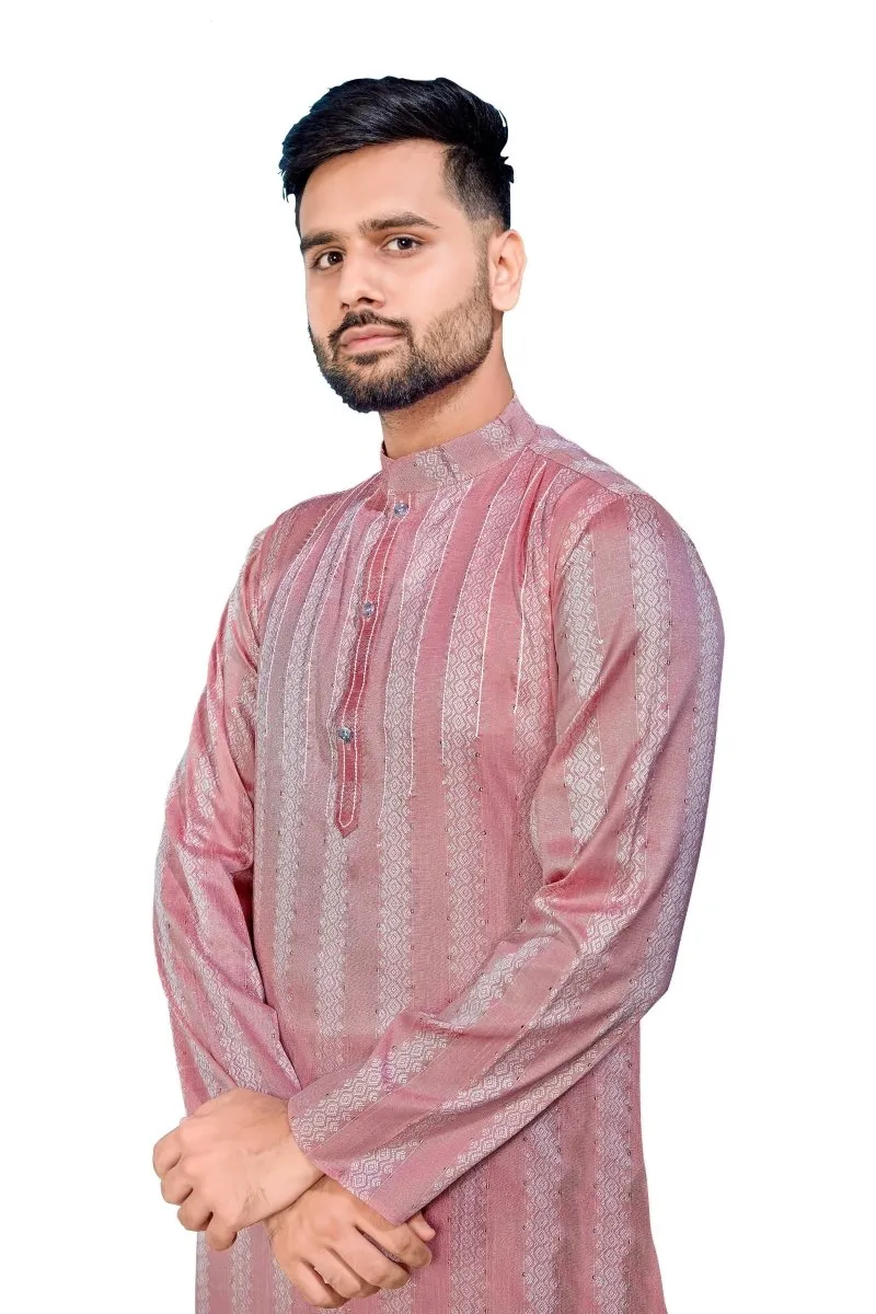 Aastha Fashion Men's Pink Jacquard Silk Sequence Work Party Wear Kurta with Pajama
