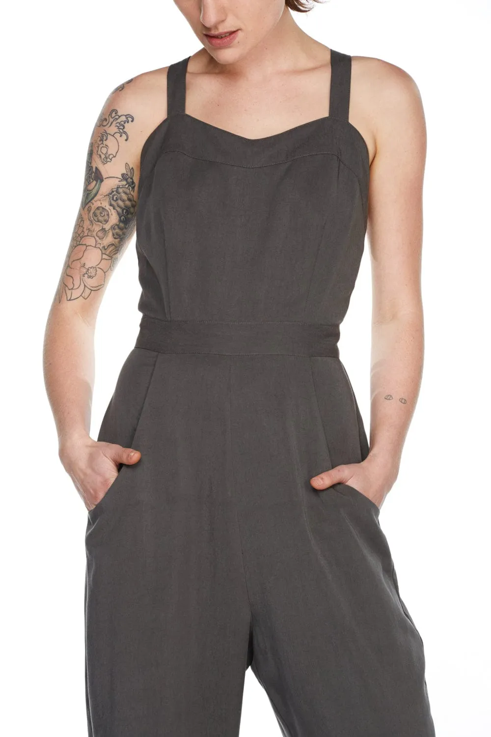 Yolked Juniper Jumpsuit in Olive Tencel All weather Elastic Fit