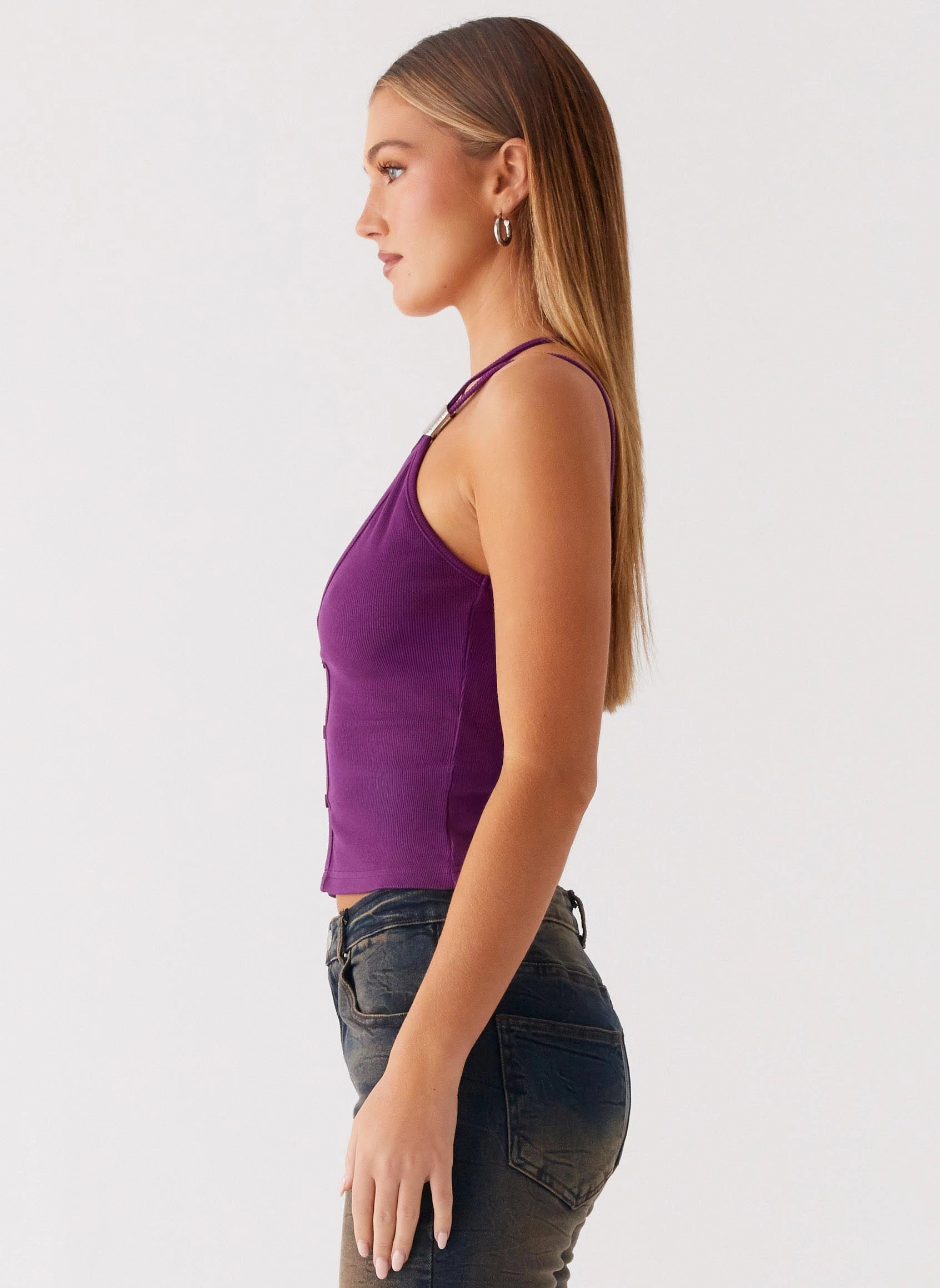 CrossGrain Fabric Optix Button Front Top - Plum