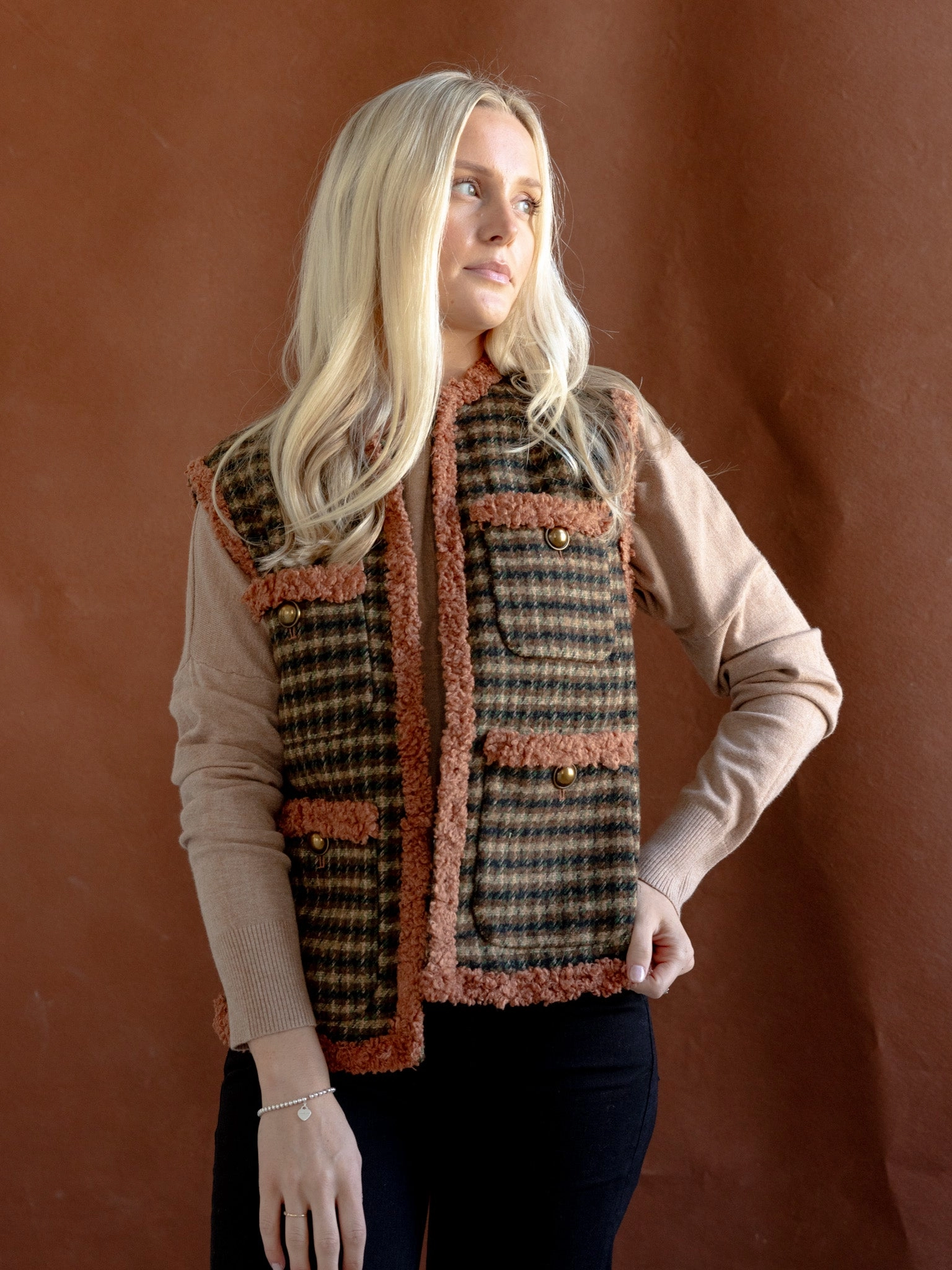 Zipper Closure Mechanism Everyday Active Style Houndstooth Pocket Vest