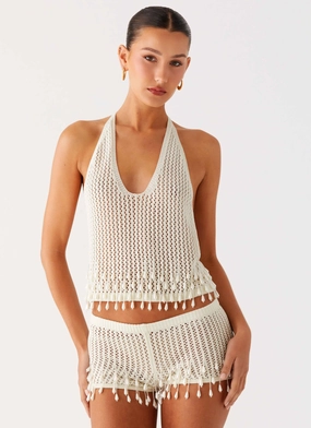HighDensity Weave Pearl Shore Beaded Crochet Top - Ivory