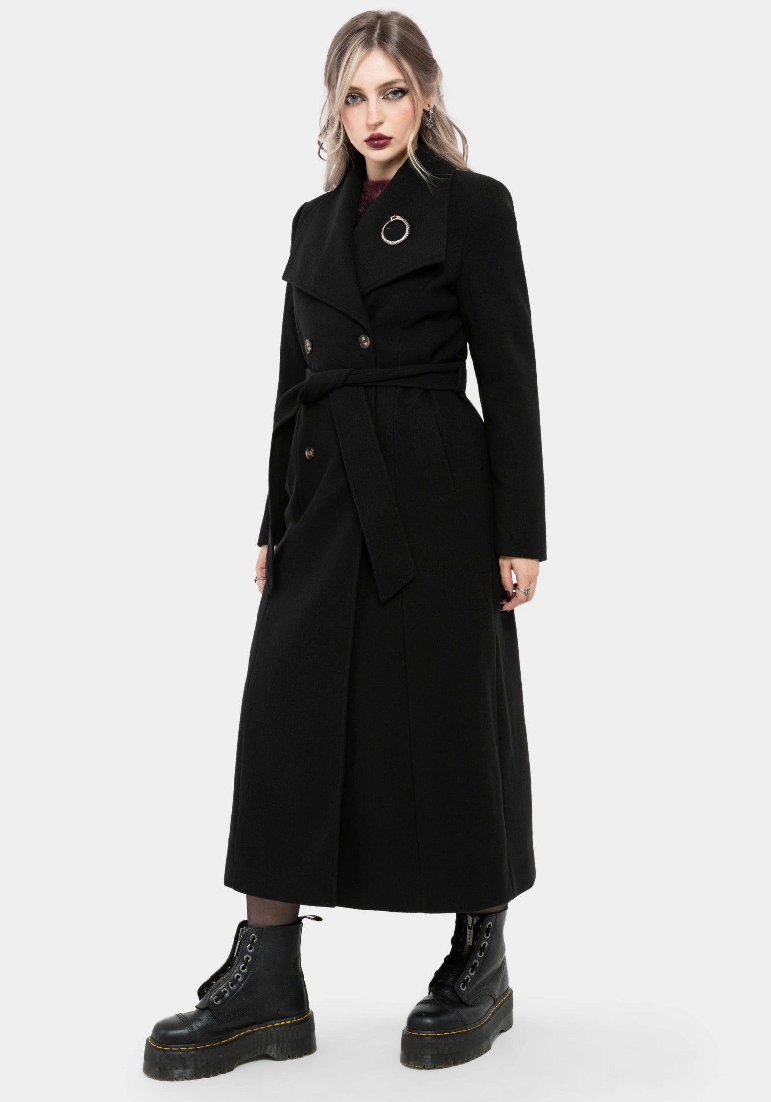 Multi Pocket System Abyss Tie Waist Double Breasted Coat With Snake Brooch - Black