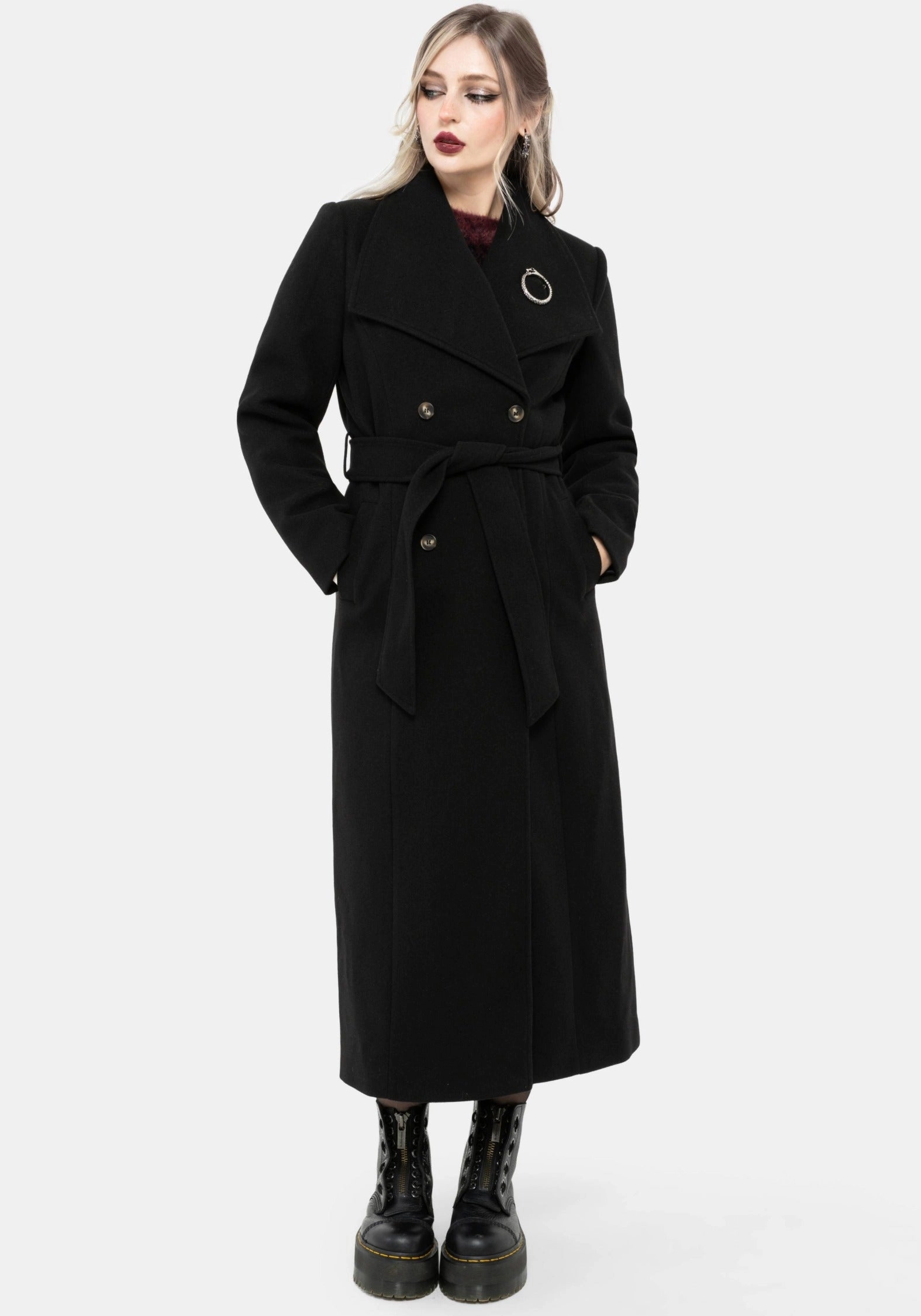 Abyss Tie Waist Double Breasted Coat With Snake Brooch - Black UV protection layer