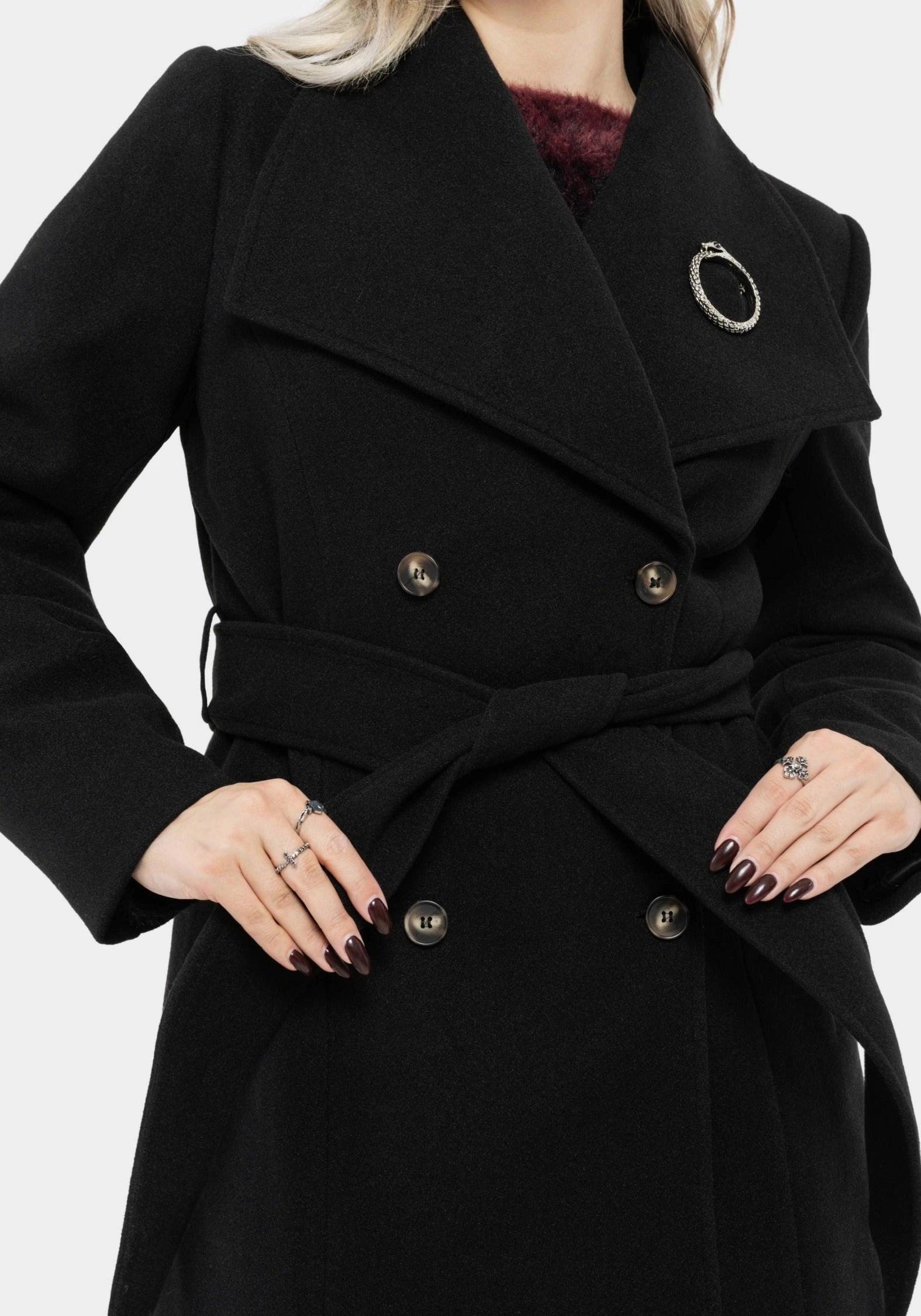 Compression Panels Laser Cut Vents Abyss Tie Waist Double Breasted Coat With Snake Brooch - Black
