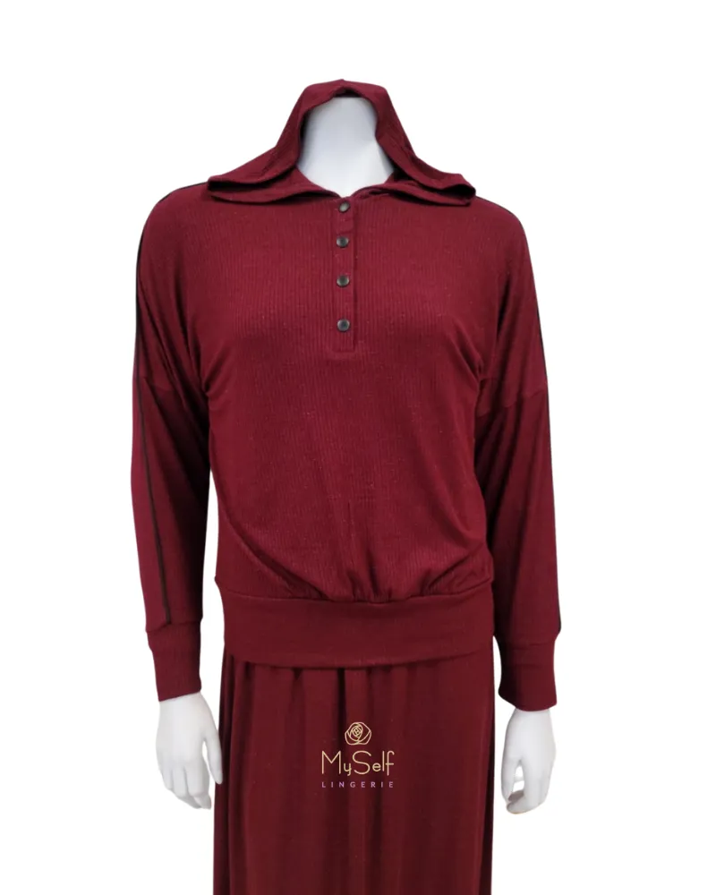 AC-070 Burgundy Ribbed Coverall Modal Nightgown & Hoodie