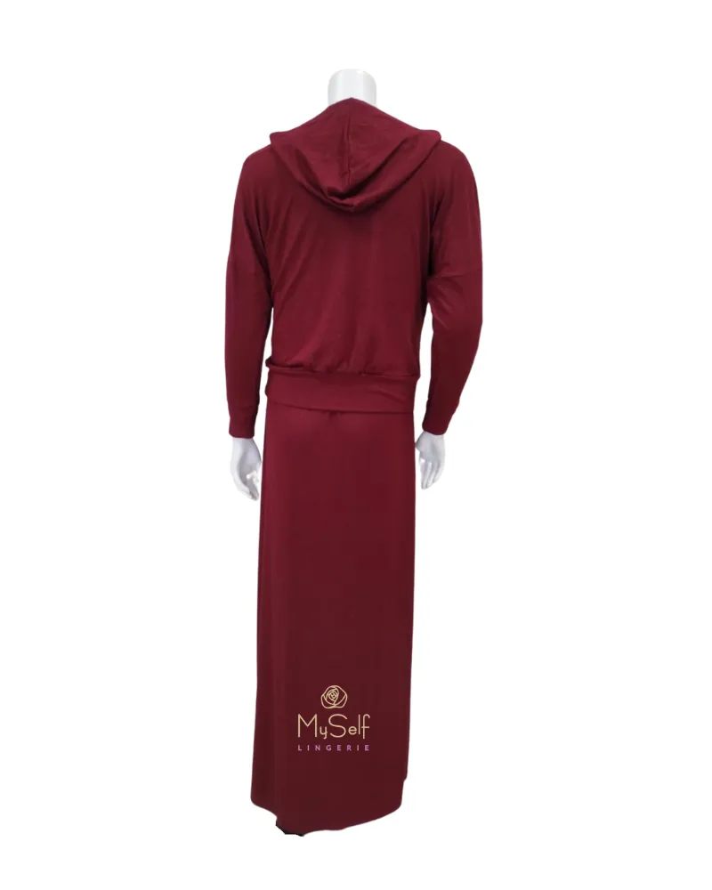 AC-070 Burgundy Ribbed Coverall Modal Nightgown & Hoodie