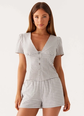 RibbedTexture Adalina Button Up Top - Grey Check