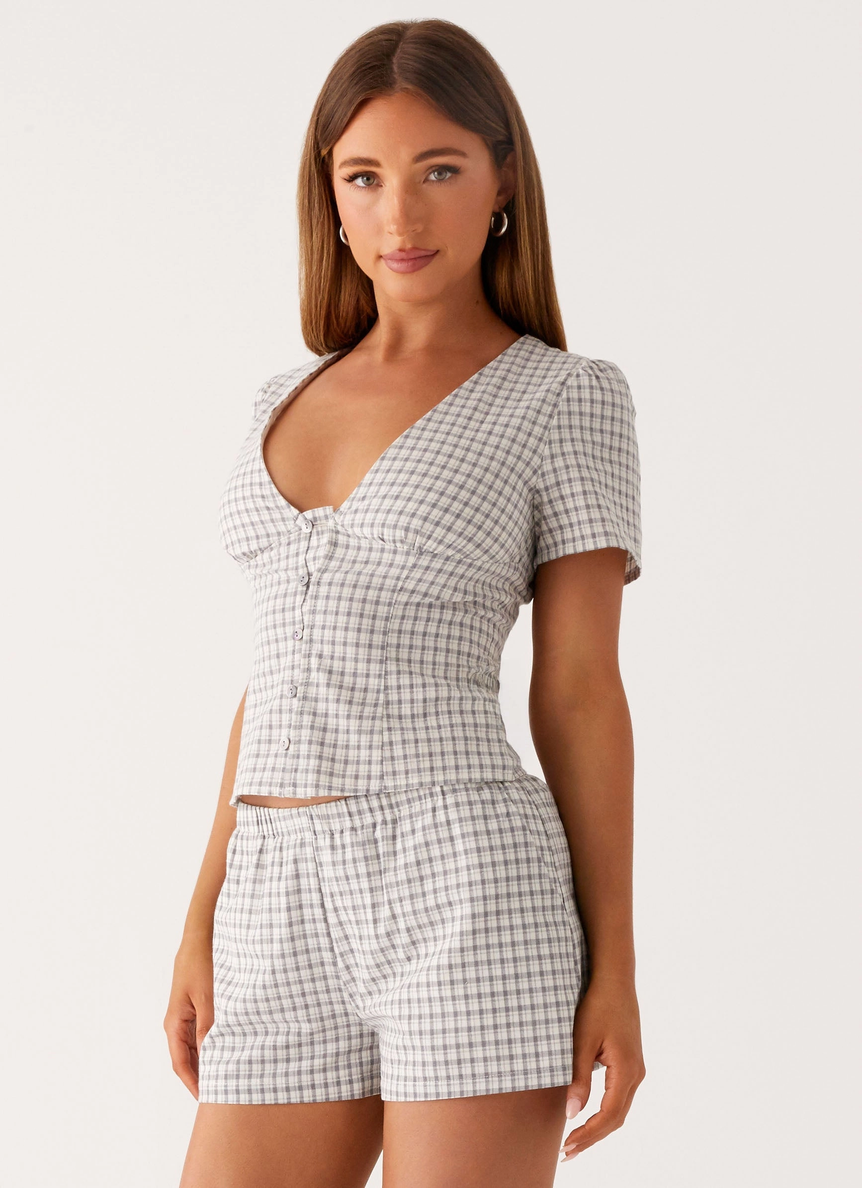 Adalina Button Up Top - Grey Check Flexible Cuffs