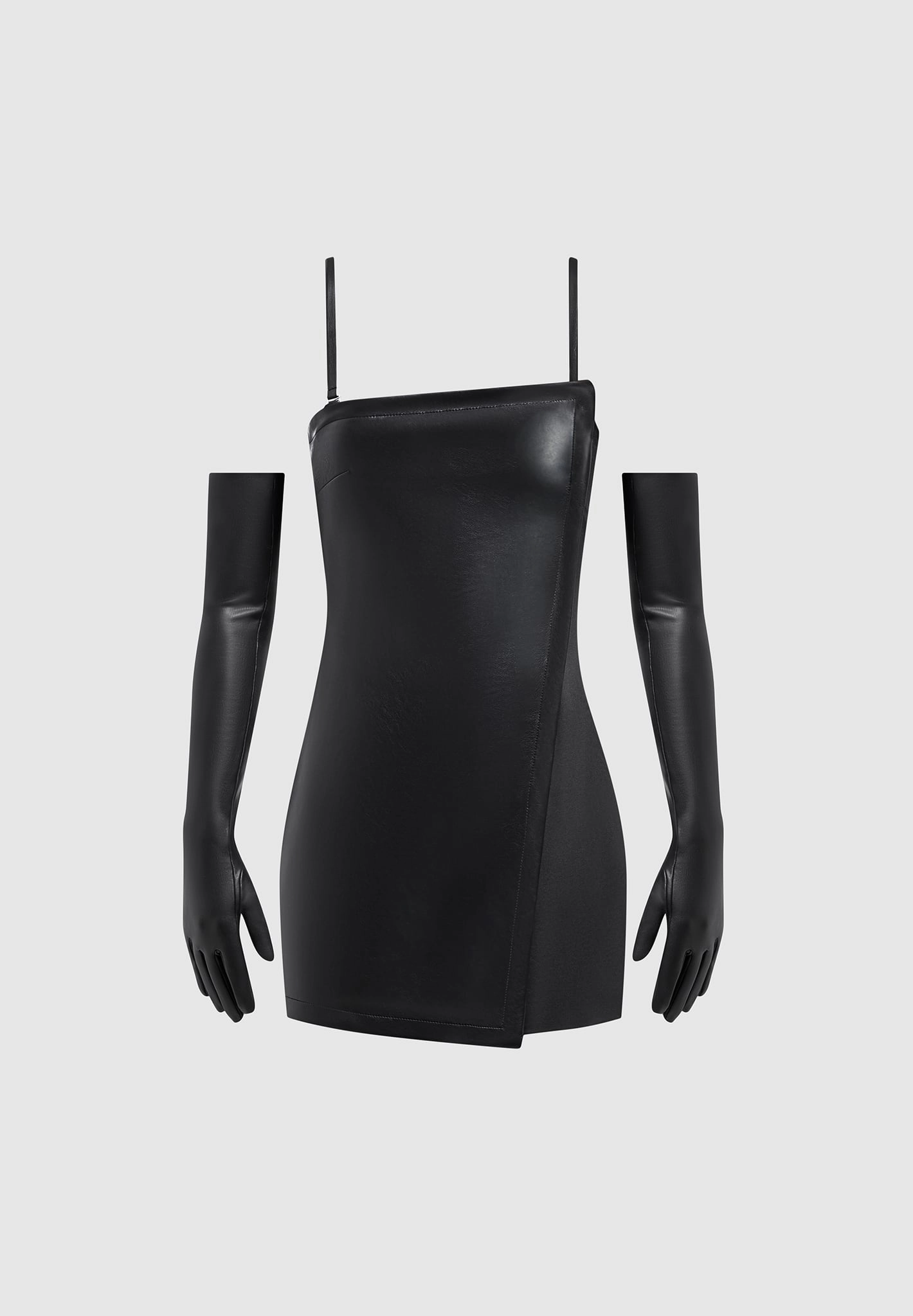 Glossy-Finish Cozy Style Leather Tailored Playsuit with Gloves - Black