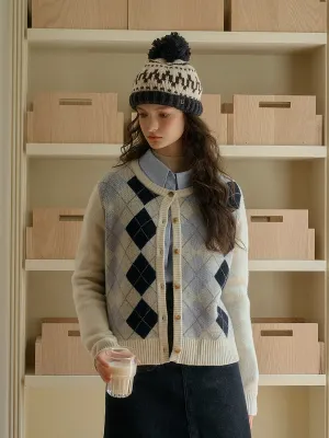 Adley Classic Round Neck Argyle Jacquard 100% Wool Cardigan Fitted Tank Convertible Design