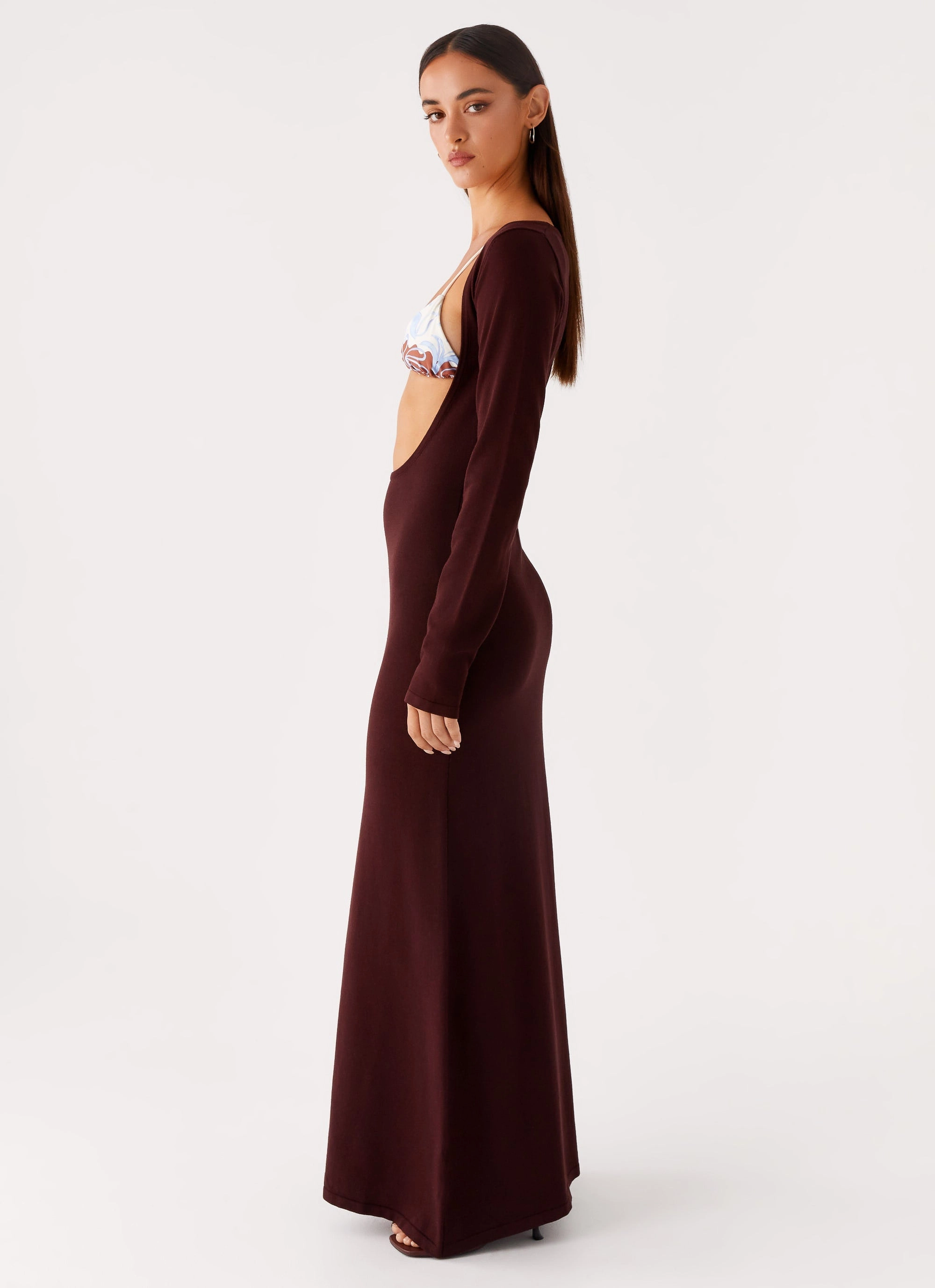 Adora Long Sleeve Knit Maxi Dress - Chocolate Walk Mood Flattering Shape Design