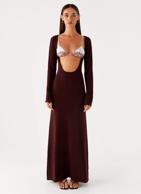 Refined Feel Adora Long Sleeve Knit Maxi Dress - Chocolate