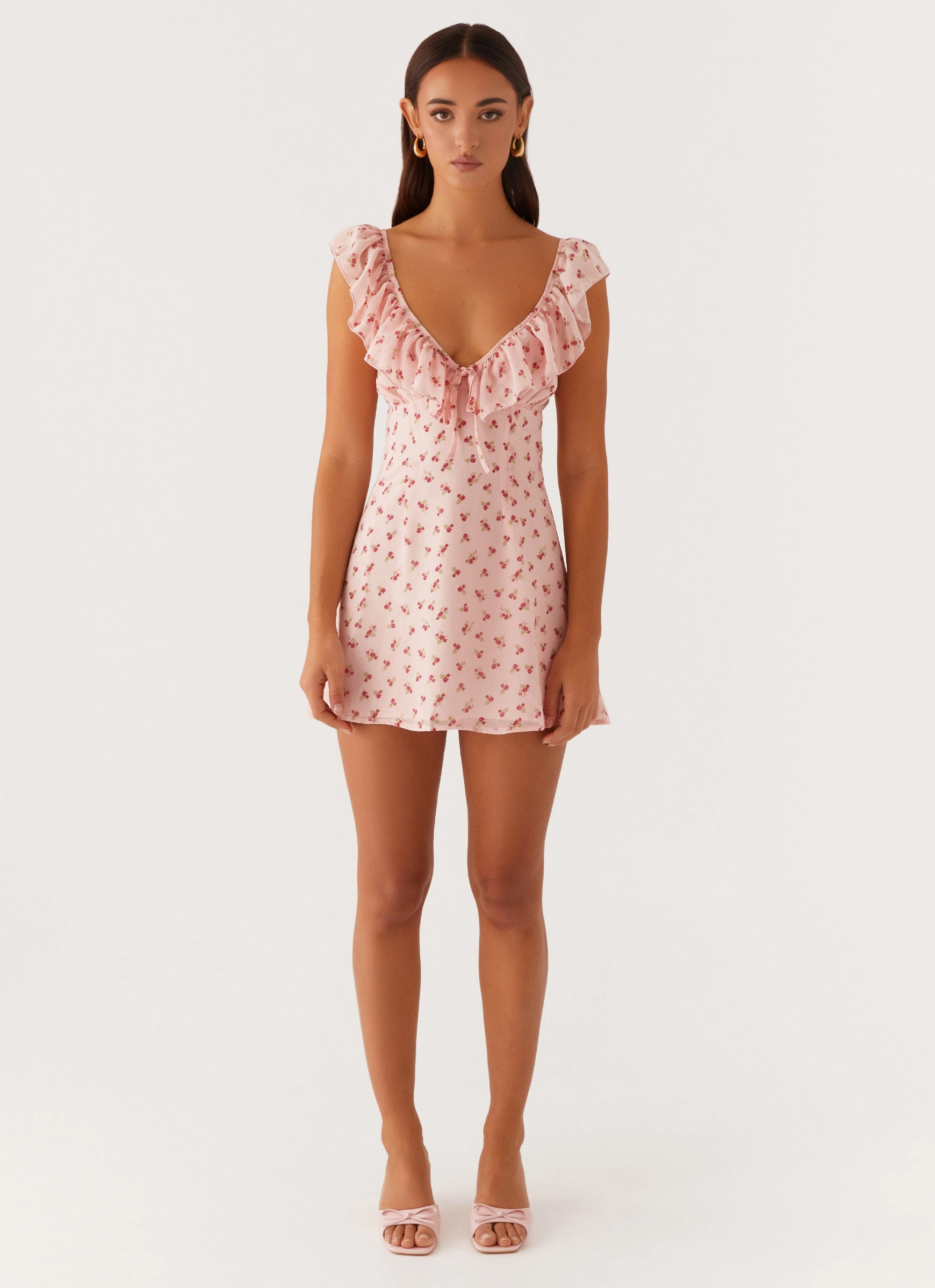 Adrina Ruffle Mini Dress - Pink Flower Holiday Travel