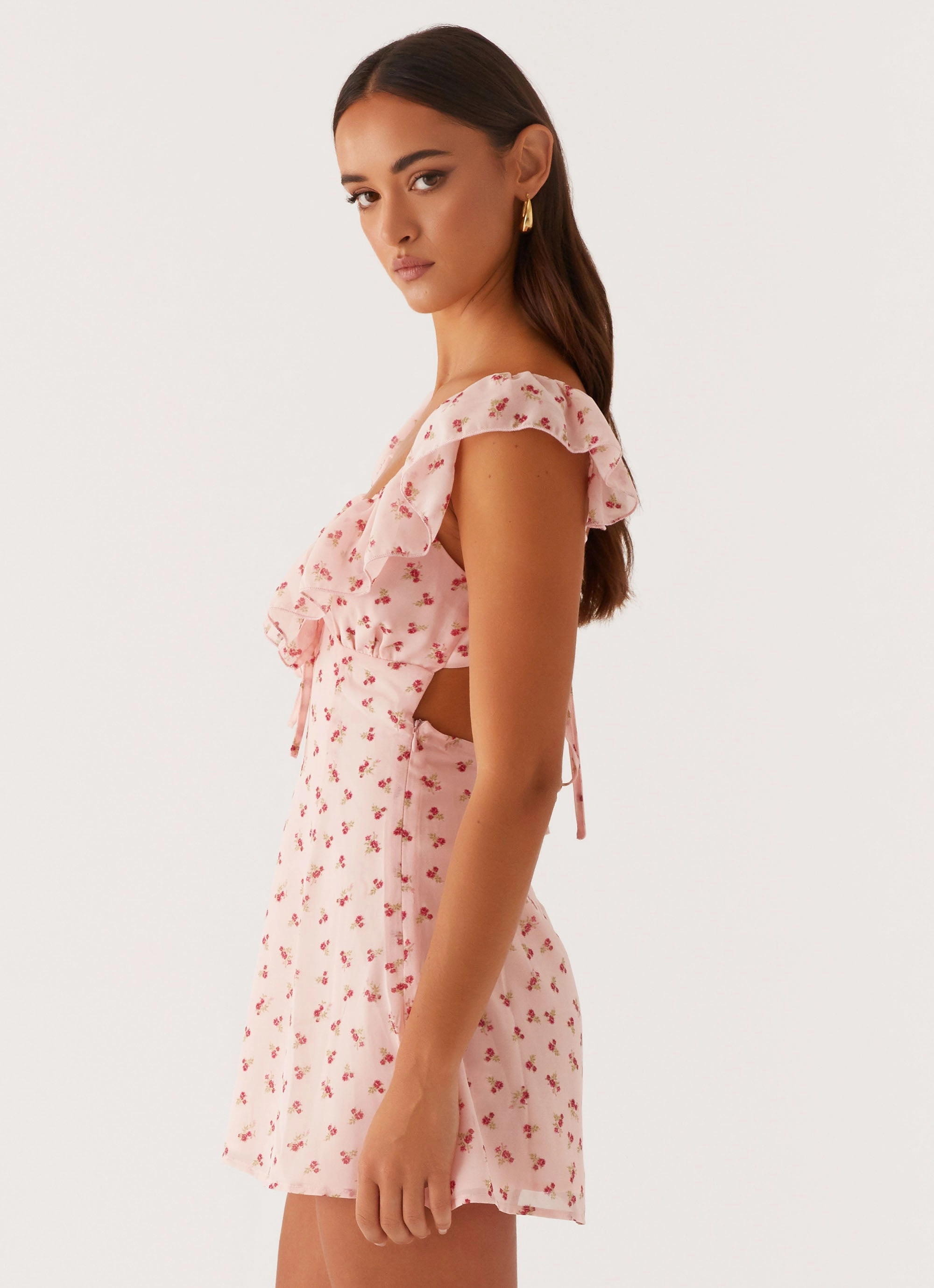Adrina Ruffle Mini Dress - Pink Flower Everyday Look Detachable Detail