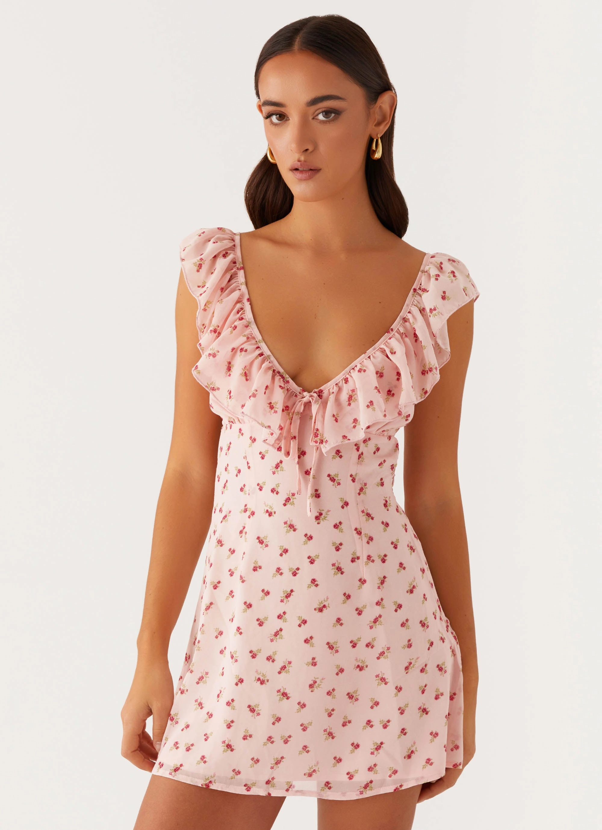 Tailored Cut Visual Outfit Adrina Ruffle Mini Dress - Pink Flower