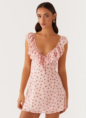 Tailored Cut Visual Outfit Adrina Ruffle Mini Dress - Pink Flower