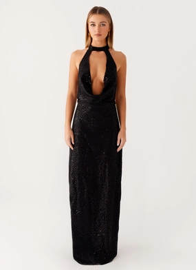 Ruched-Detail Playful Cut Empire Sequin Maxi Dress - Black