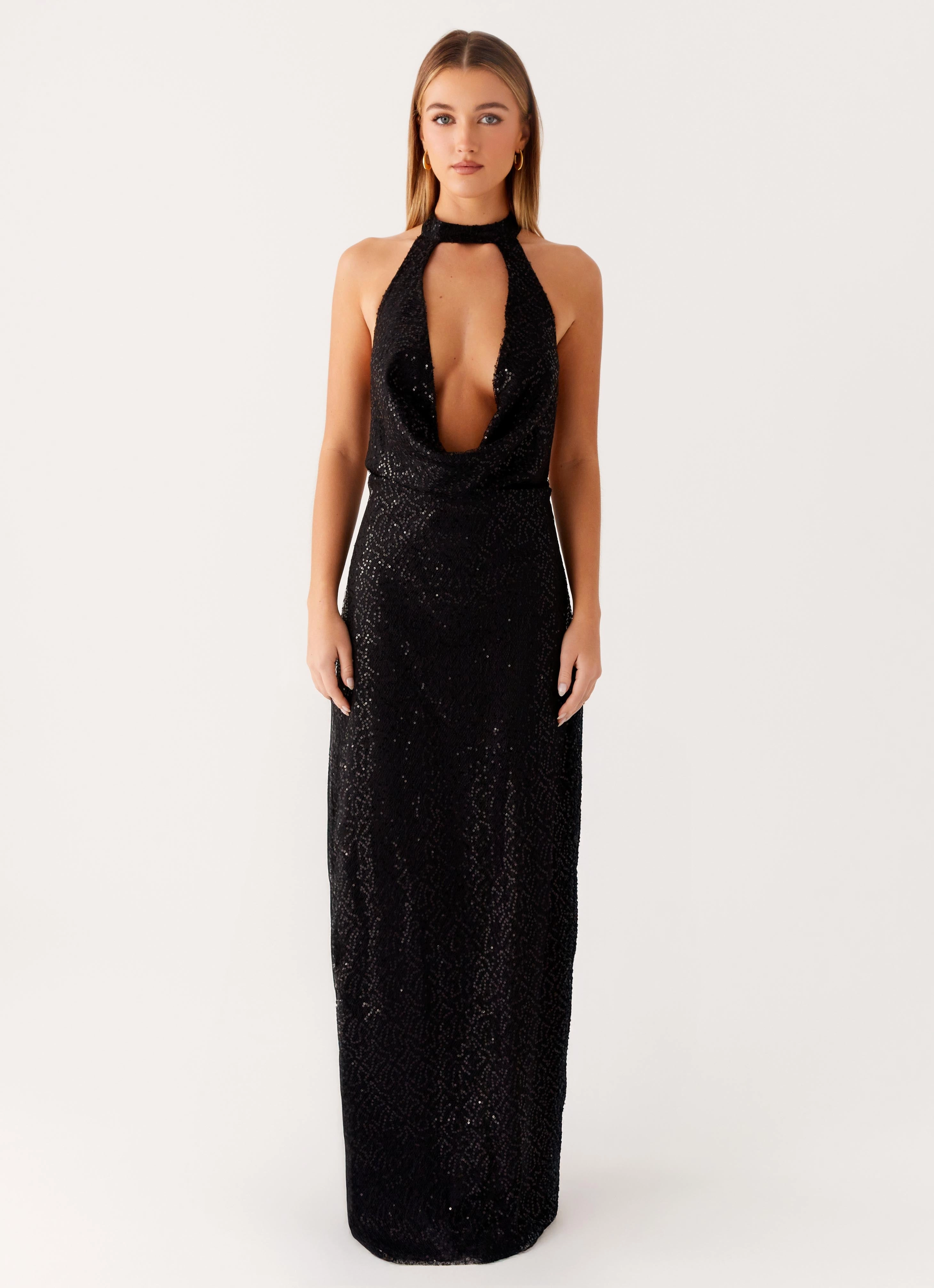 Ruched-Detail Playful Cut Empire Sequin Maxi Dress - Black