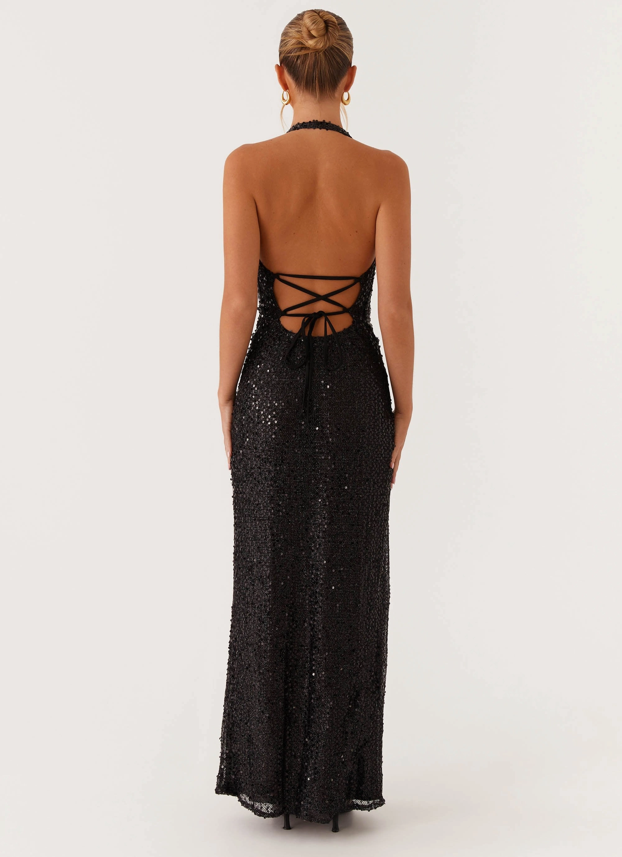 After Tonight Sequin Cowl Neck Maxi Dress - Black Evening Vibe