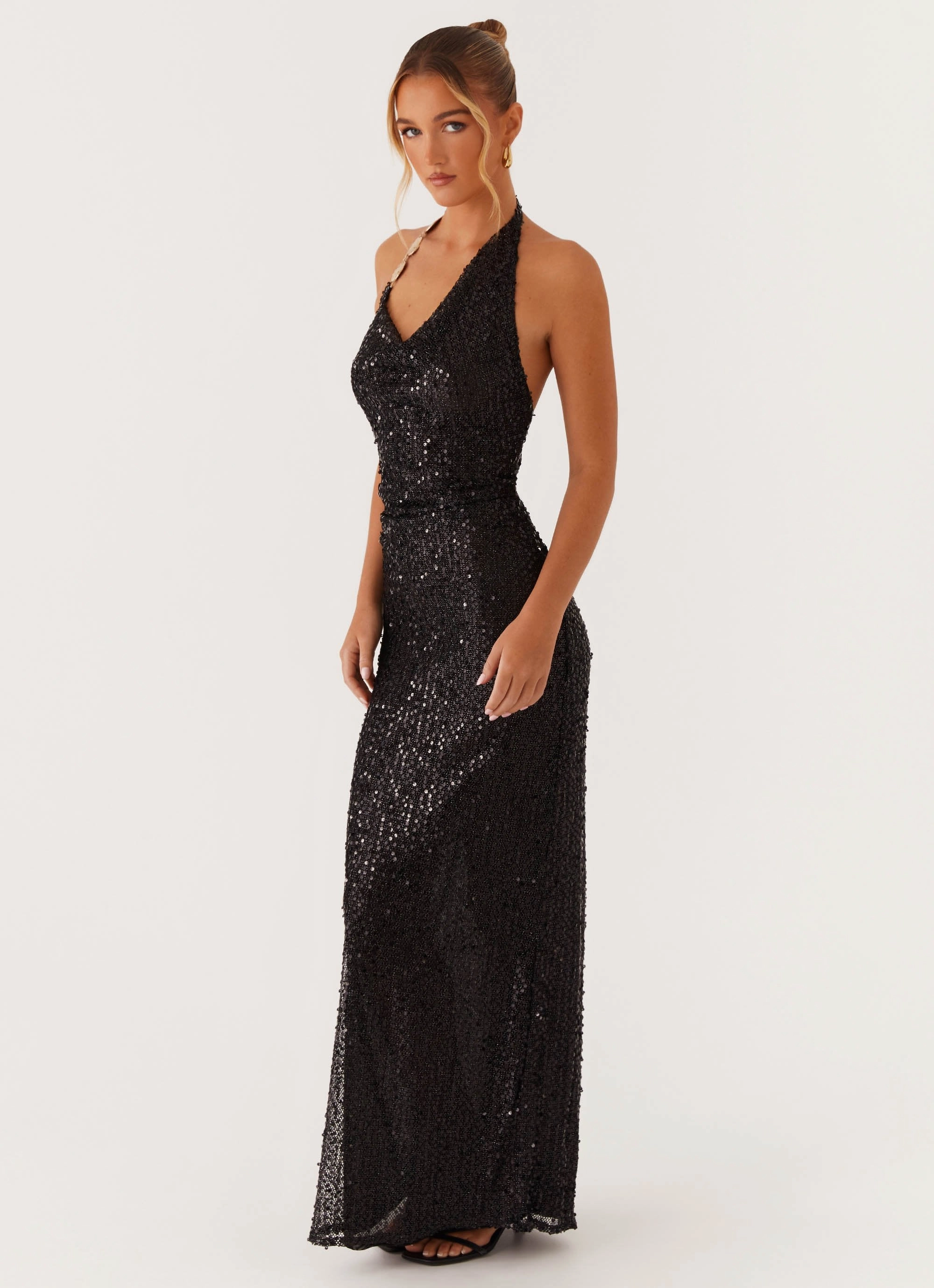 Dreamy Look After Tonight Sequin Cowl Neck Maxi Dress - Black