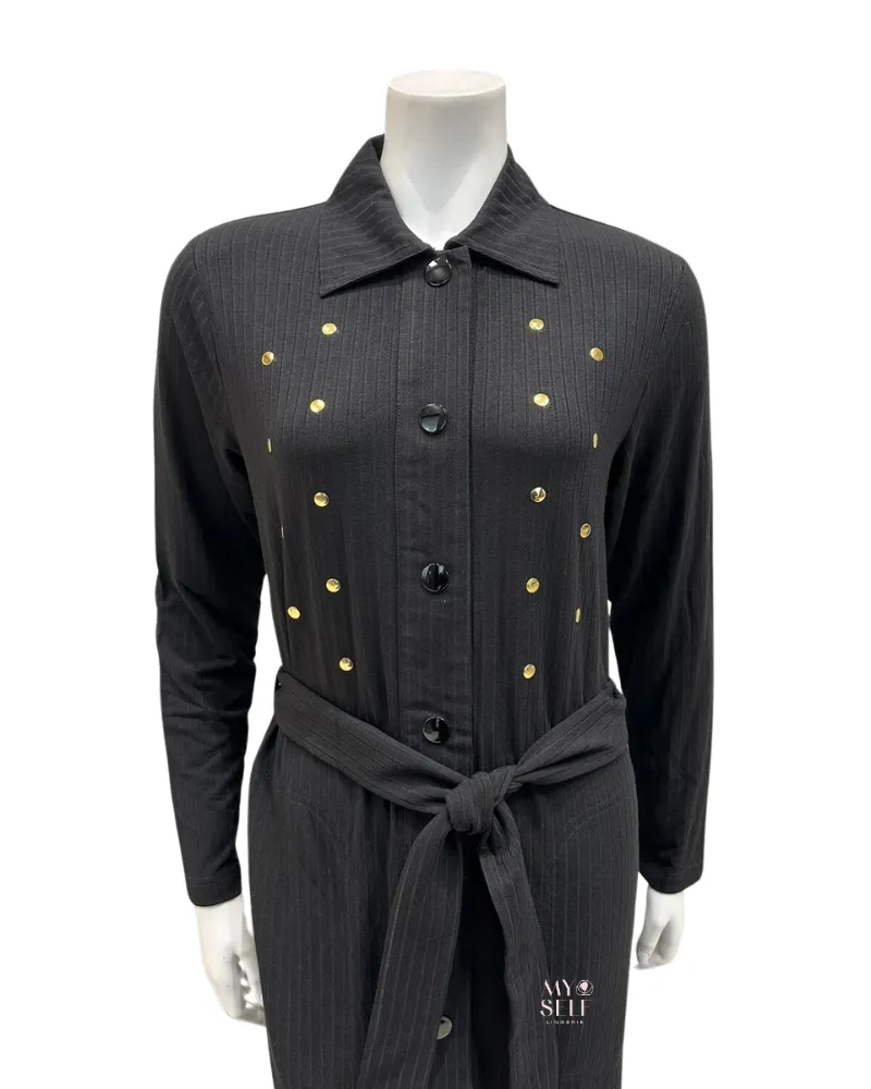 AH919 Studded Black Ribbed Modal Snap Front Morning Wrap Robe