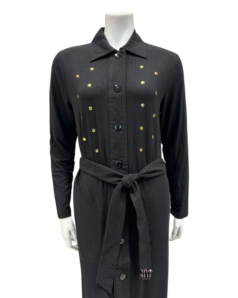AH919 Studded Black Ribbed Modal Snap Front Morning Wrap Robe