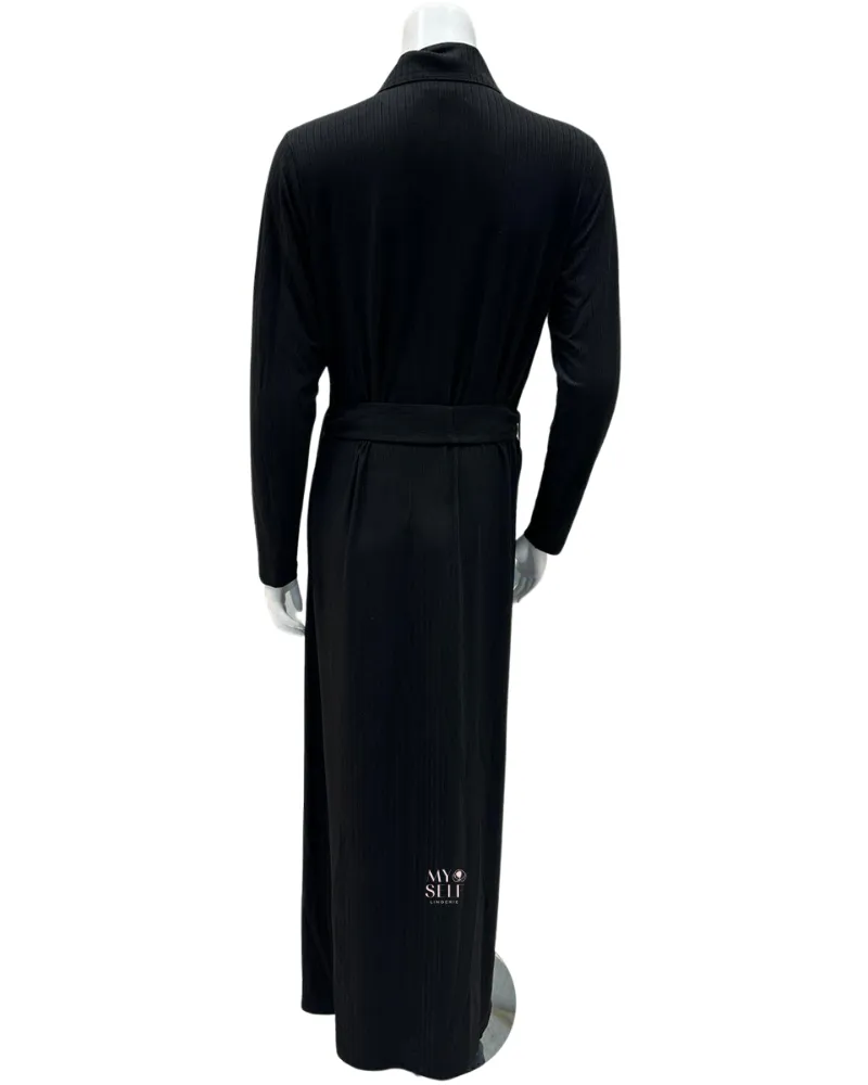 AH919 Studded Black Ribbed Modal Snap Front Morning Wrap Robe