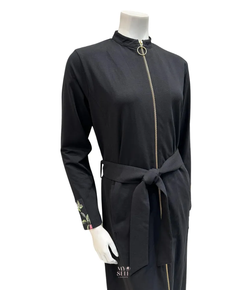 AH941 Floral Hooded Black Zip Front Morning Robe