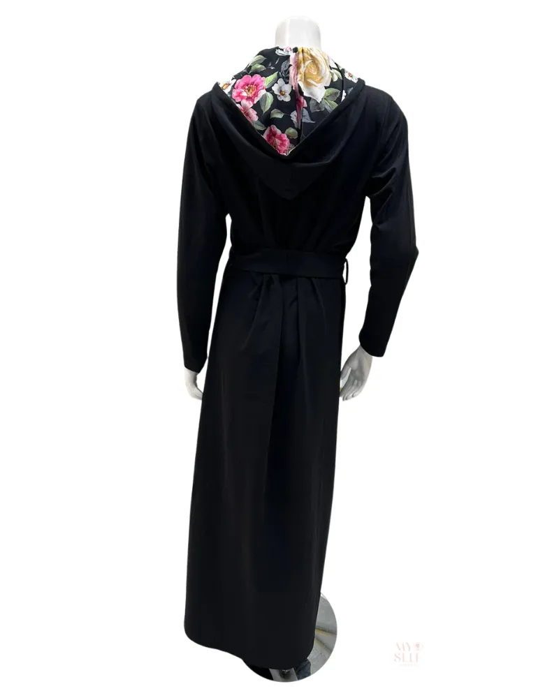AH941 Floral Hooded Black Zip Front Morning Robe
