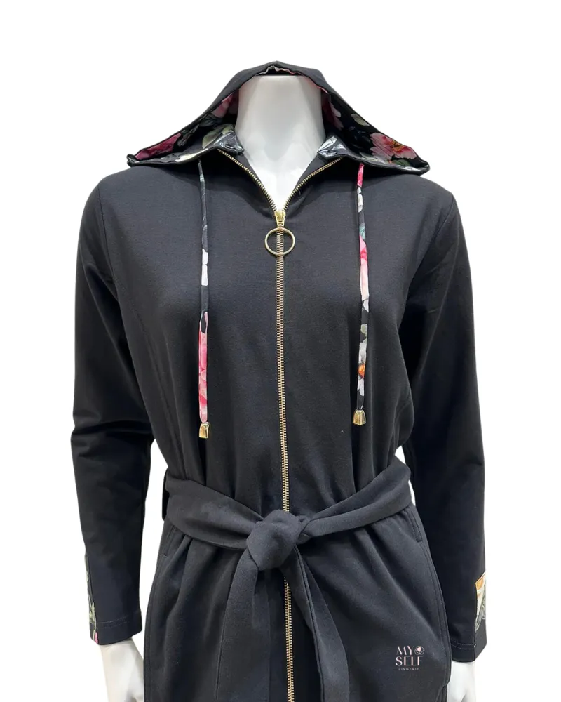 AH941 Floral Hooded Black Zip Front Morning Robe