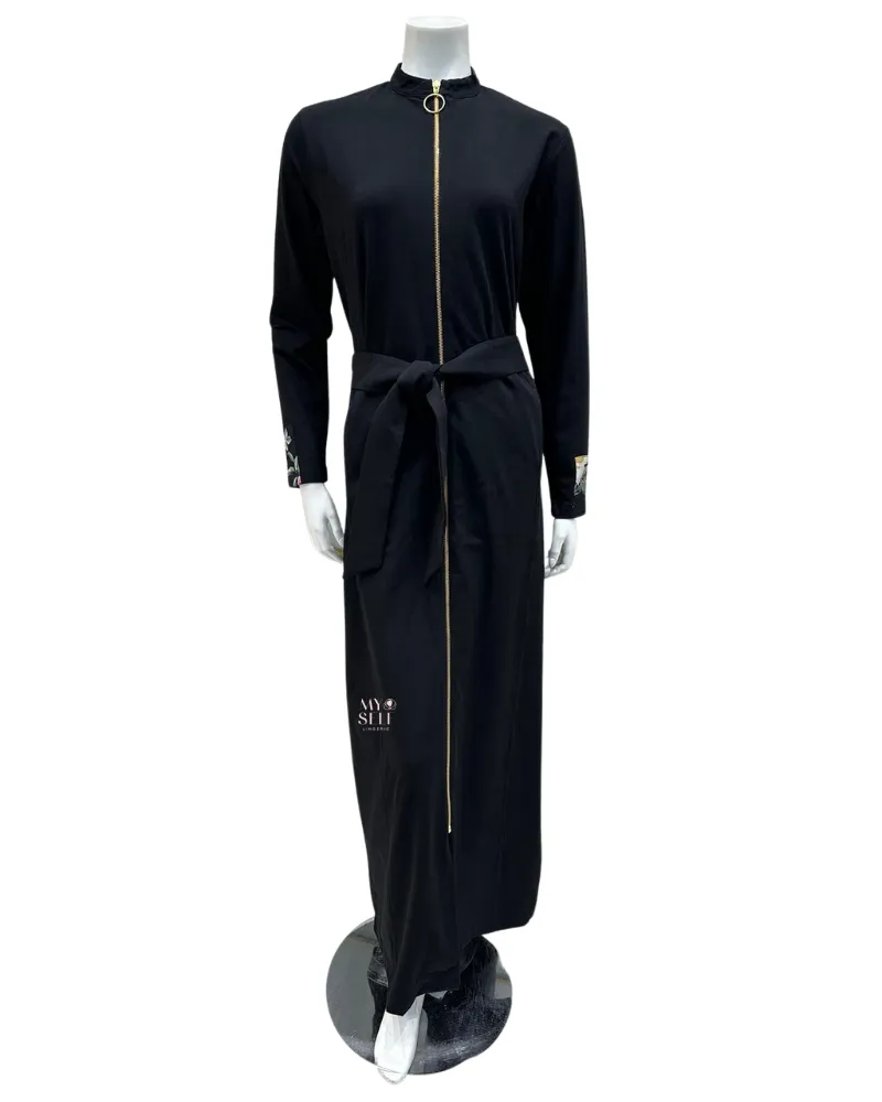AH941 Floral Hooded Black Zip Front Morning Robe