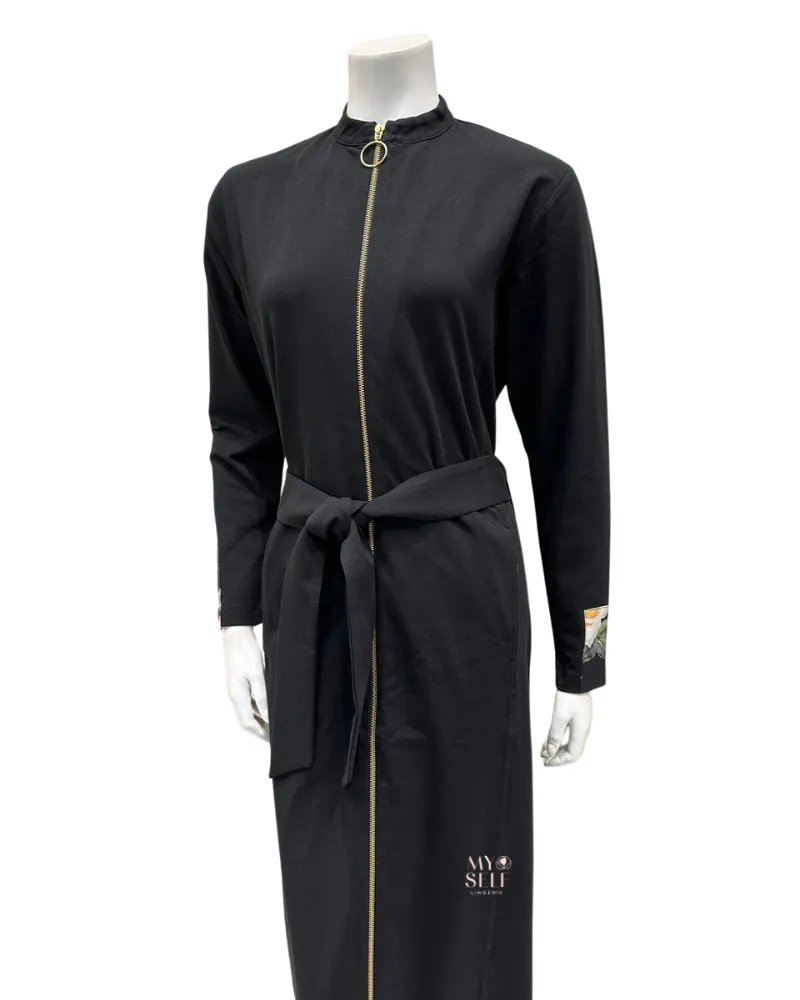 AH941 Floral Hooded Black Zip Front Morning Robe