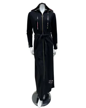 AH941 Floral Hooded Black Zip Front Morning Robe